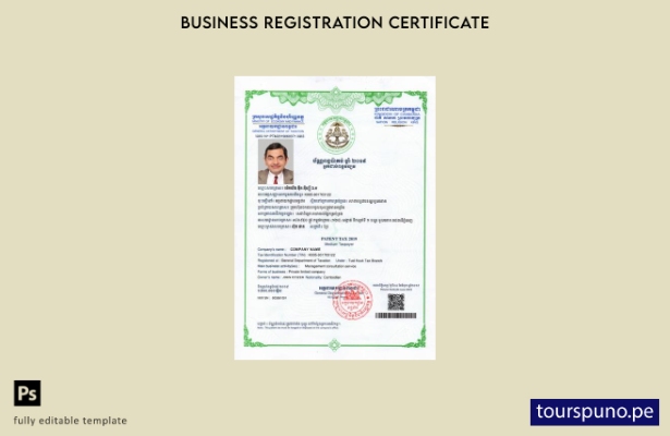 Plantilla de certificado de registro de Camboya lista para imprimir